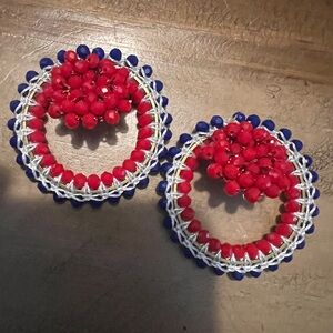 Red and Blue Beaded Hoop Earrings